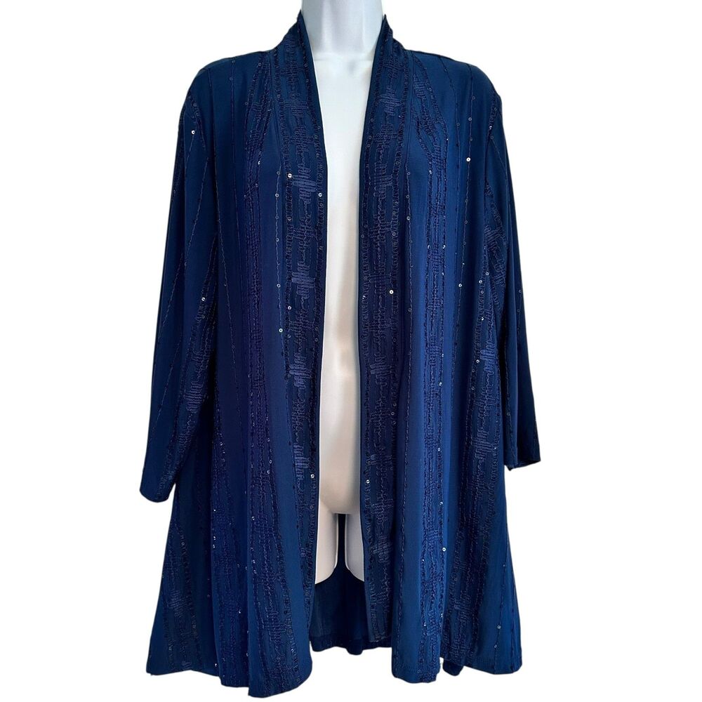 Susan Graver Navy Blue Sequin Stripes Open Cardigan Size XL